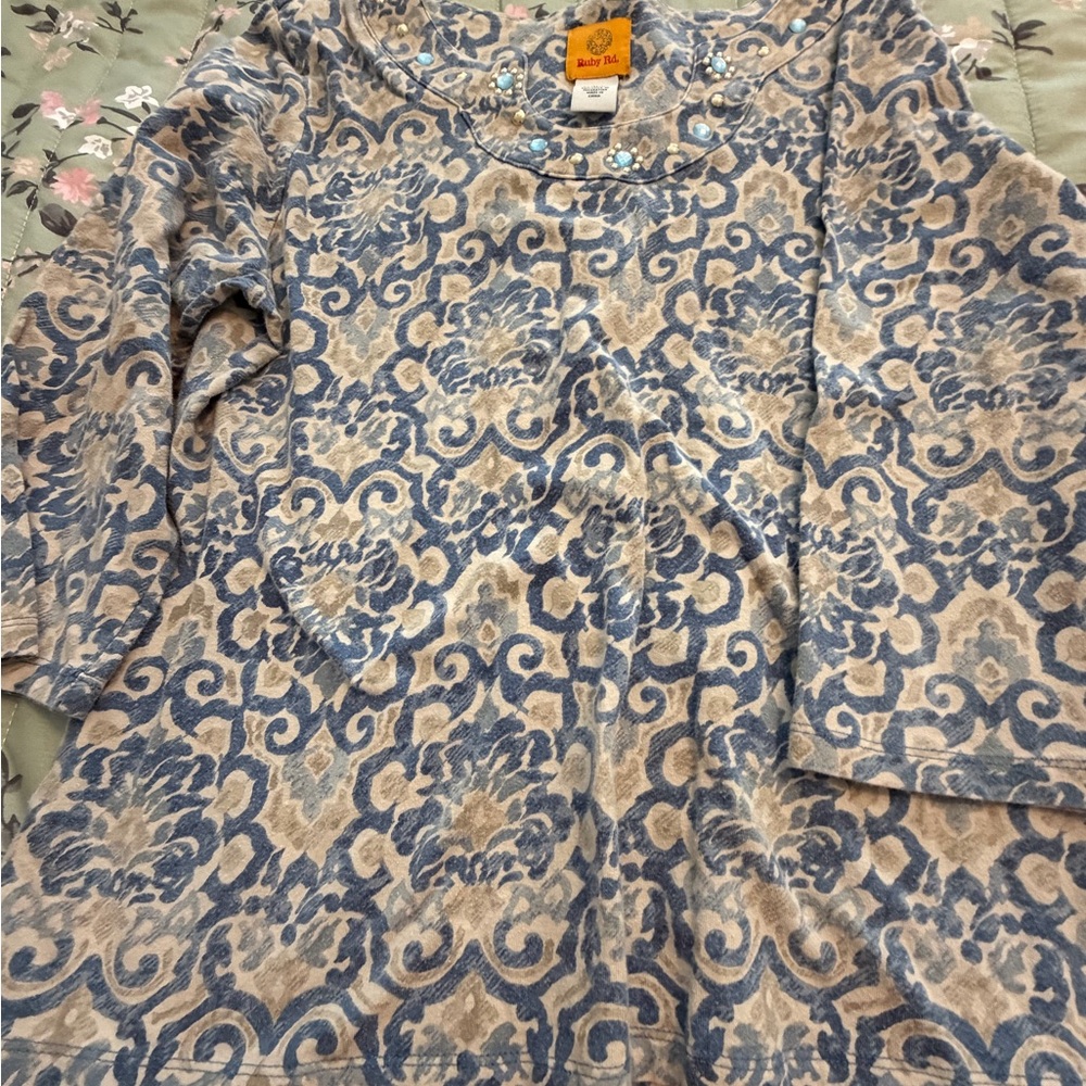 Vintage Ruby Rd. Blue and Tan Embellished Top